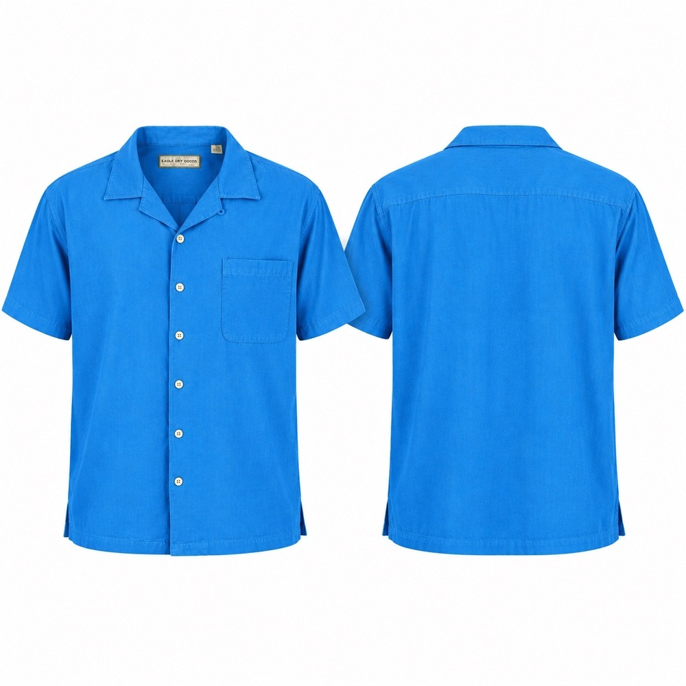 Eagle Dry Goods Mens Shirt L 100% Silk Blue Herringbone Camp Tropical Summer